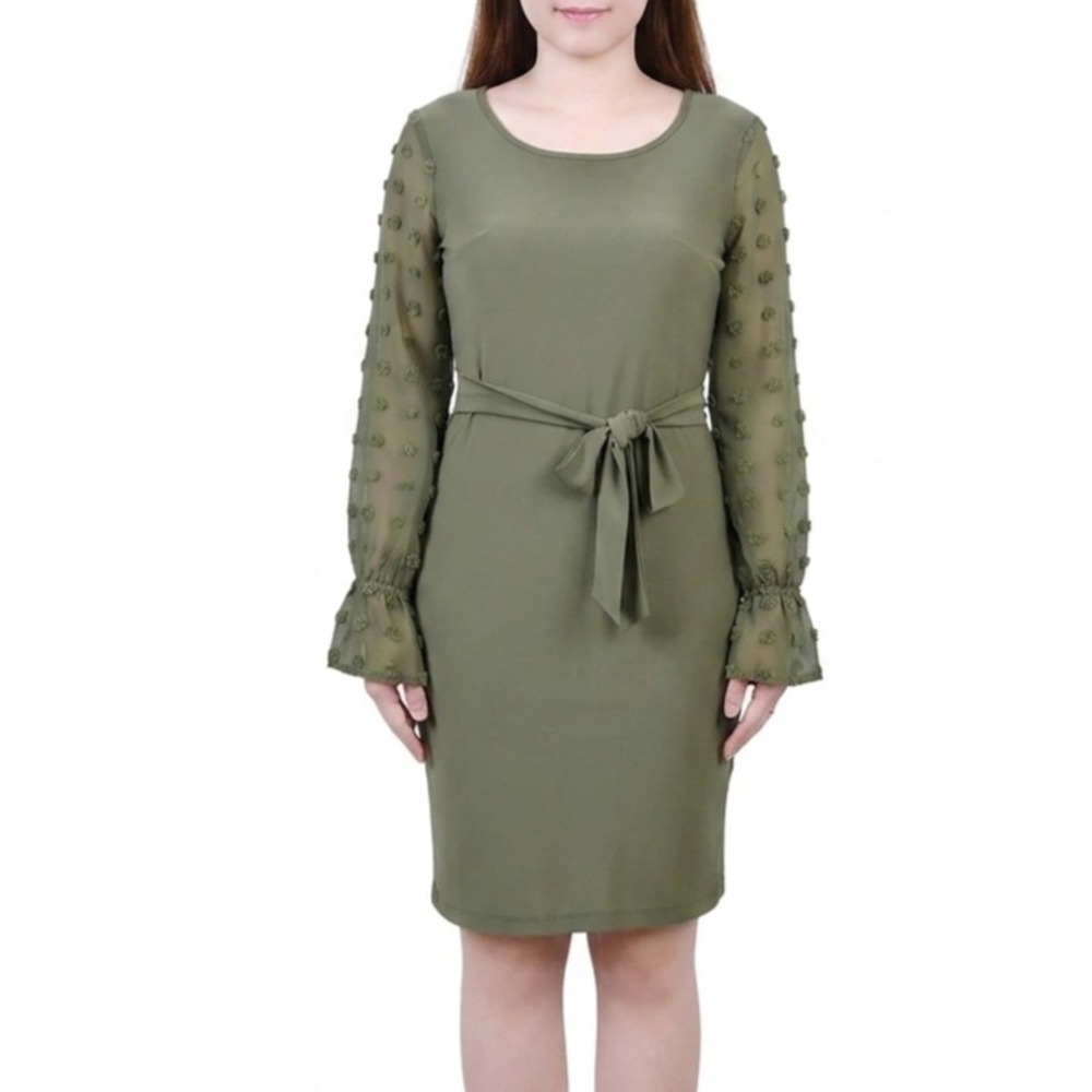 NY Collection Womens Dress Chiffon Sleeve Knee-Length Midi Green Petites Sz PXL